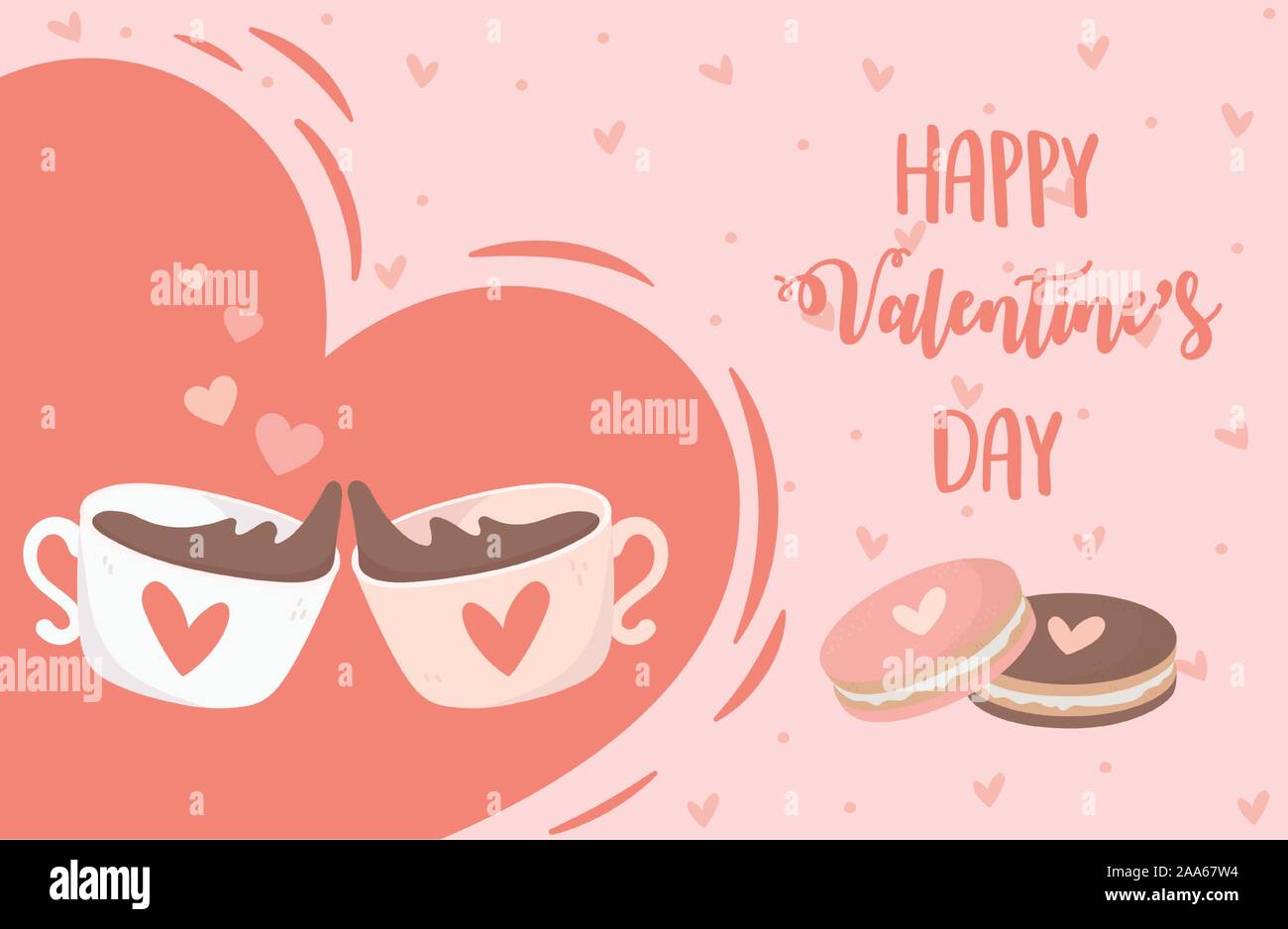 Happy Valentines Tag Schokolade Tassen cookies Herzen Vector Illustration Stock Vektor