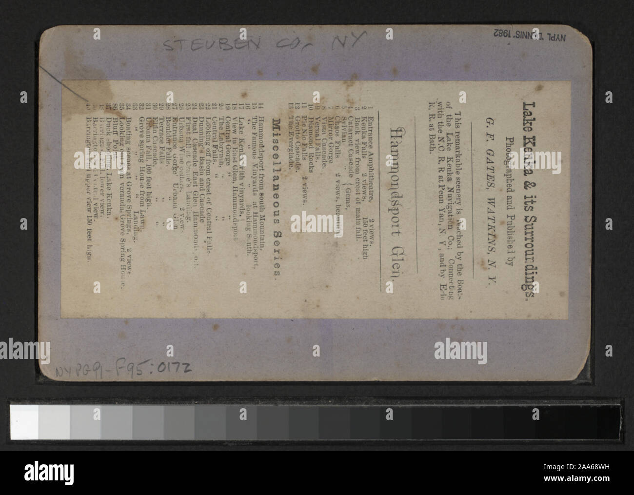 Blick von W. L. Sutton, E.&HT Anthony, W. L. Hall und andere Fotografen und Verlage. Robert Dennis Sammlung von stereoskopische Ansichten. Titel von Cataloger'. Blick auf das südliche Reihe von New York einschließlich Broome, Chenango, Cortland, Schuyler, Steuben Tioga und Tompkins Grafschaften; Norwich, einschließlich gruppenporträts, Marathon, einschließlich einer Darstellung der Quilts; Homer, einschließlich einer Akademie; Kutabali; Molkerei Operations bei Düren; Kommissionierung Hopfen in Otsego; das gas Haus am Waverly, Dam und fällt bei Fall Creek; Red Rock Ölderrickkräne; Cayuta Glen; Menschen fahren, und einen Blick auf eine gr Stockfoto