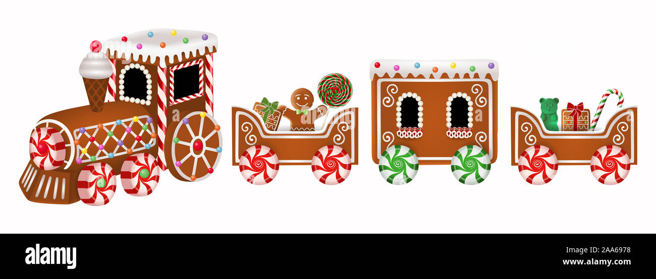 Isolierte Lebkuchen Zug mit lebkuchenmann und Weihnachten Bonbons Stockfoto