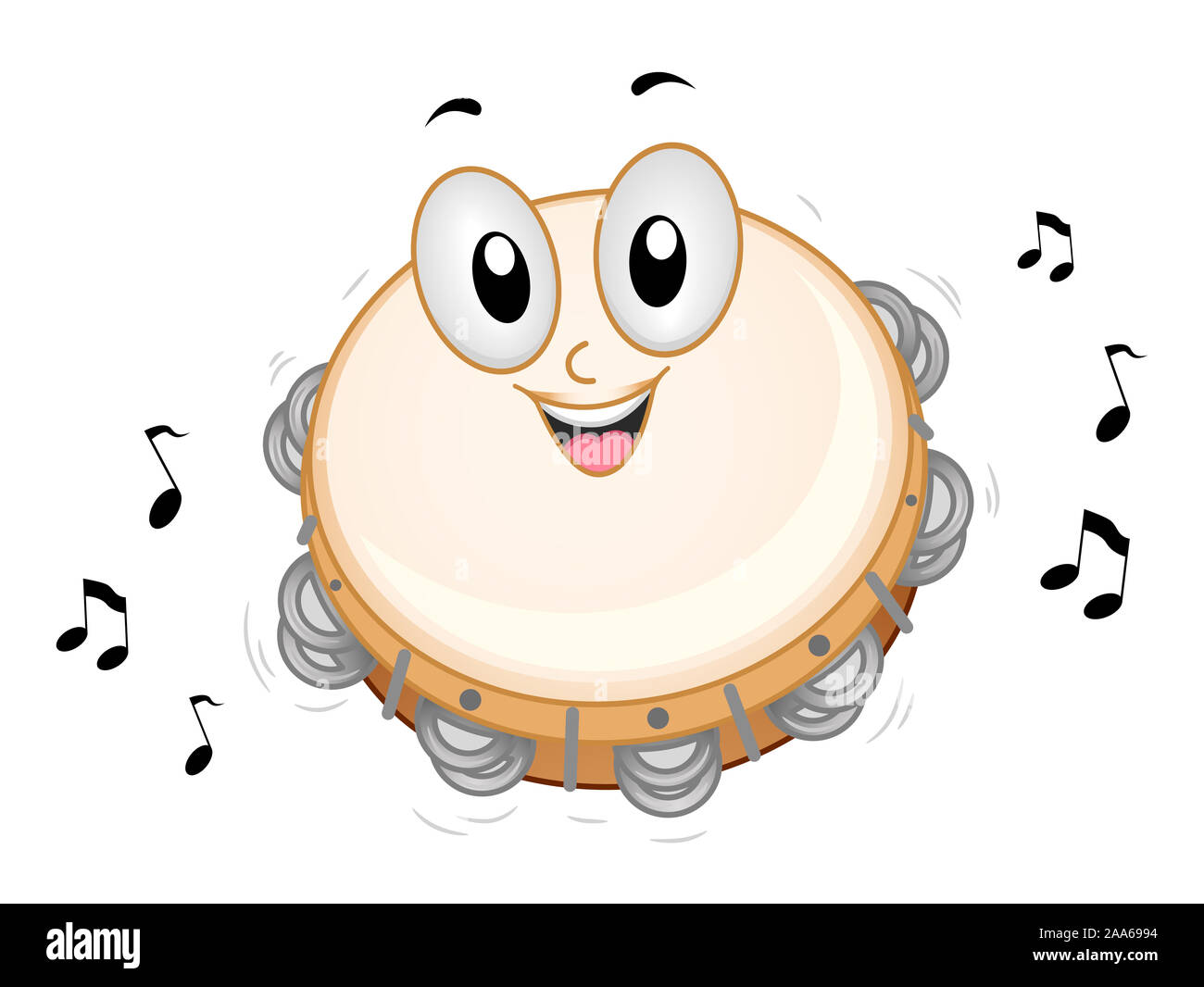 Abbildung: ein Tamburin Maskottchen Musik machen mit Noten um Stockfoto