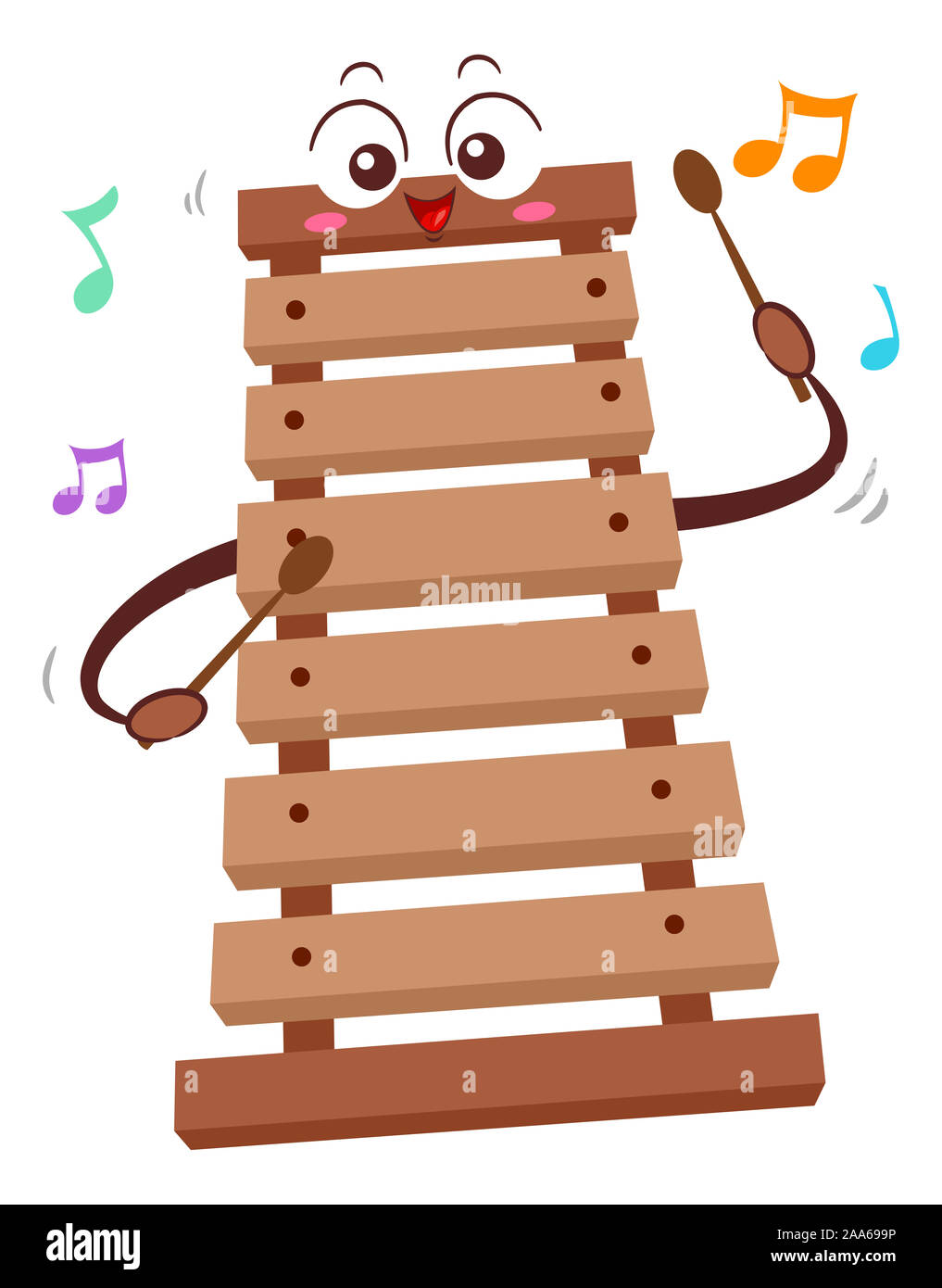 Abbildung: Ein hölzernes Xylophon Maskottchen Holding Sticks und Spielen mit Musik Noten Stockfoto