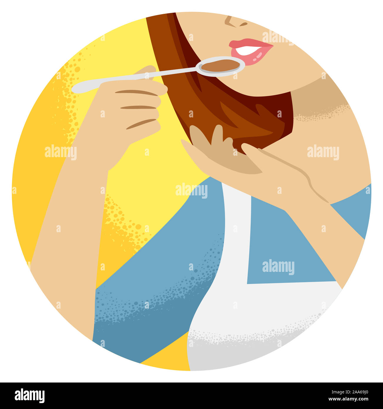 Abbildung: ein Mädchen mit Löffel und Verkostung Was Sie kocht. Küche Verb Geschmack Stockfoto