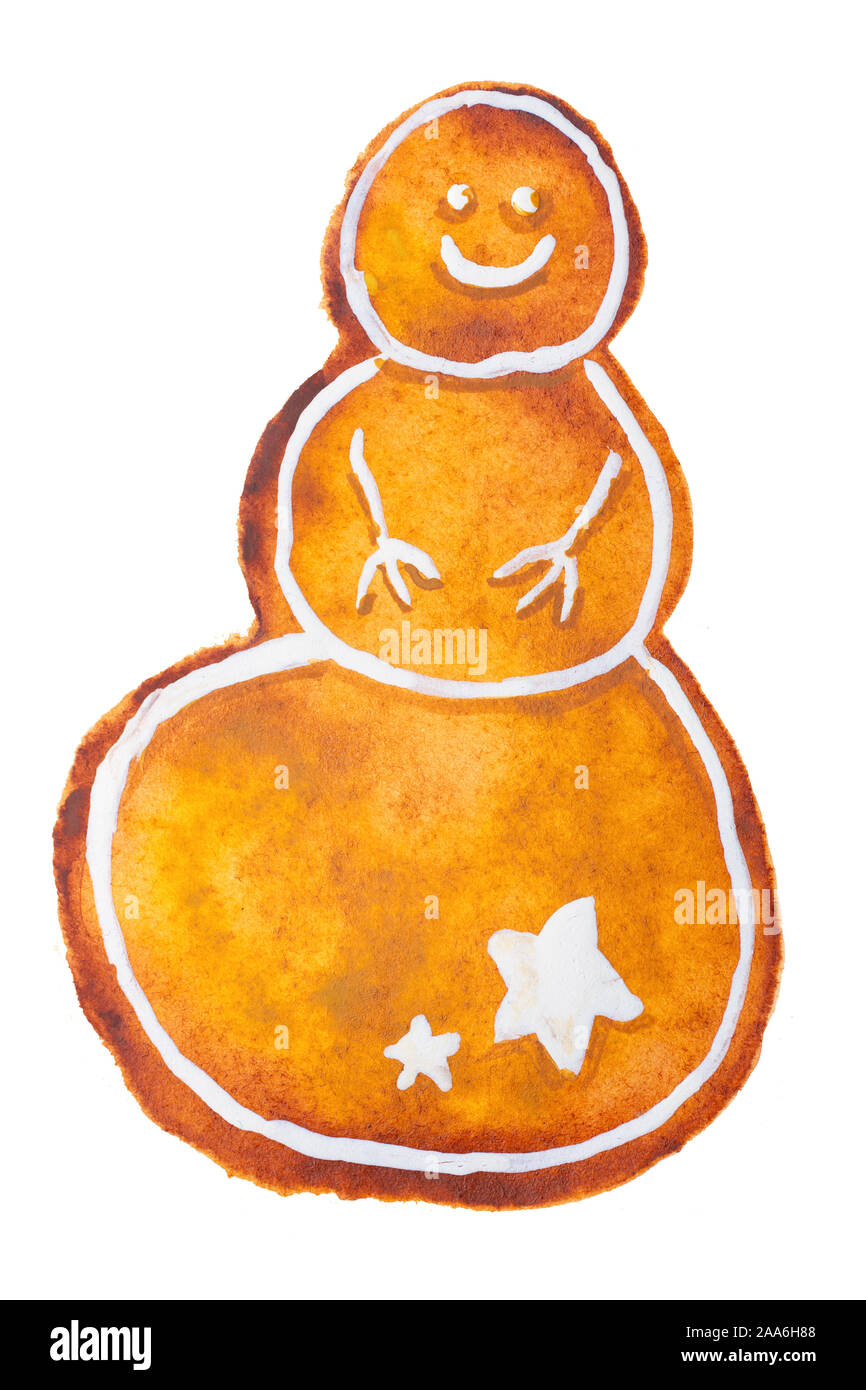 Hand Aquarell Zeichnung von Weihnachten Lebkuchen Schneemann auf weißem Hintergrund dargestellt, isoliert Stockfoto