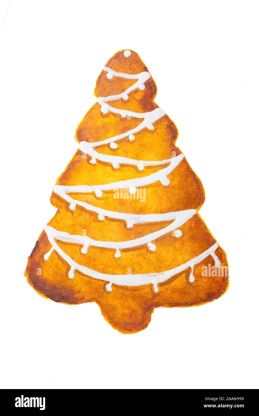 Hand Aquarell Zeichnung von Weihnachten Lebkuchen Baum auf weißem Hintergrund dargestellt, isoliert Stockfoto