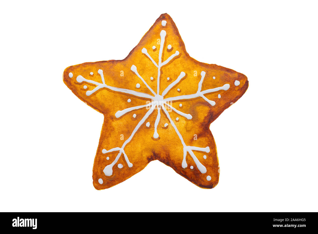 Hand Aquarell Zeichnung von Weihnachten Lebkuchen Schneeflocke Stern auf weißem Hintergrund dargestellt, isoliert Stockfoto