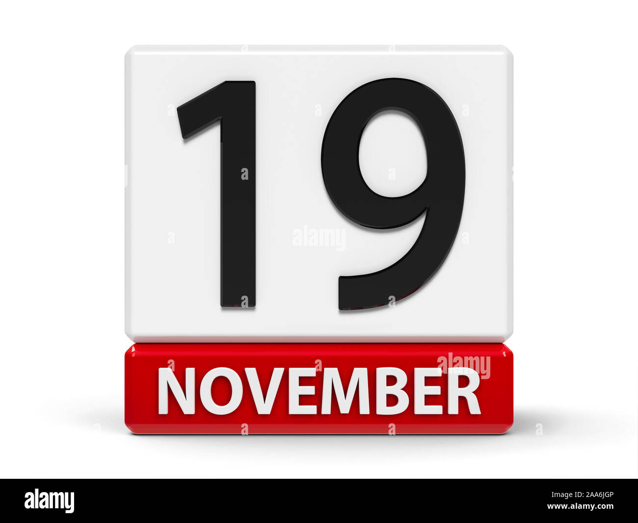 Rote und weiße Symbol Kalender von Würfel - 19. November - auf einem weißen Tisch - Internationale Männer Tag und World Toilet Day, 3-Dimension Stockfoto