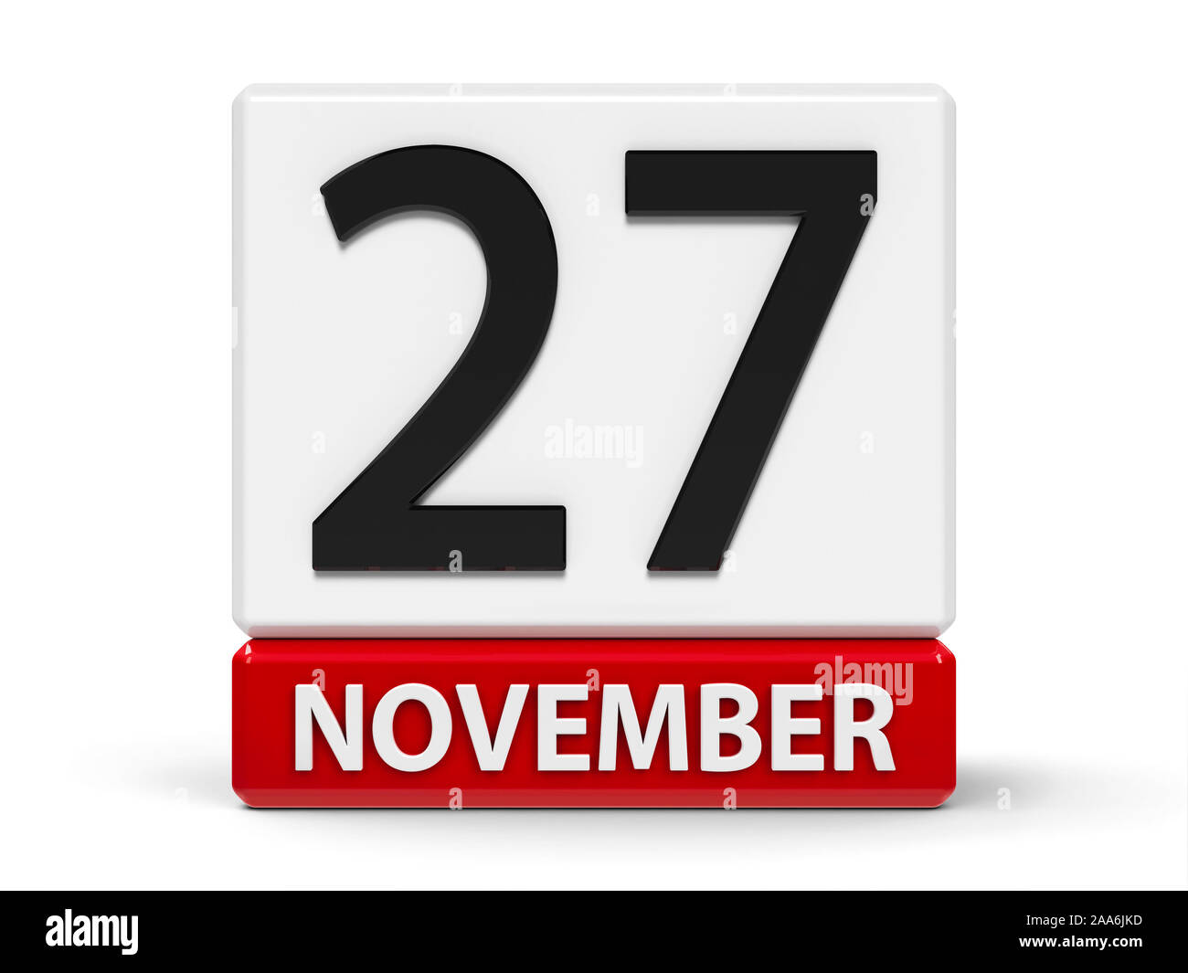 Rote und weiße Symbol Kalender von Cubes - Die Zwanzig 7. November - auf einem weißen Tisch, drei-dimensionale Darstellung, 3D-Darstellung Stockfoto