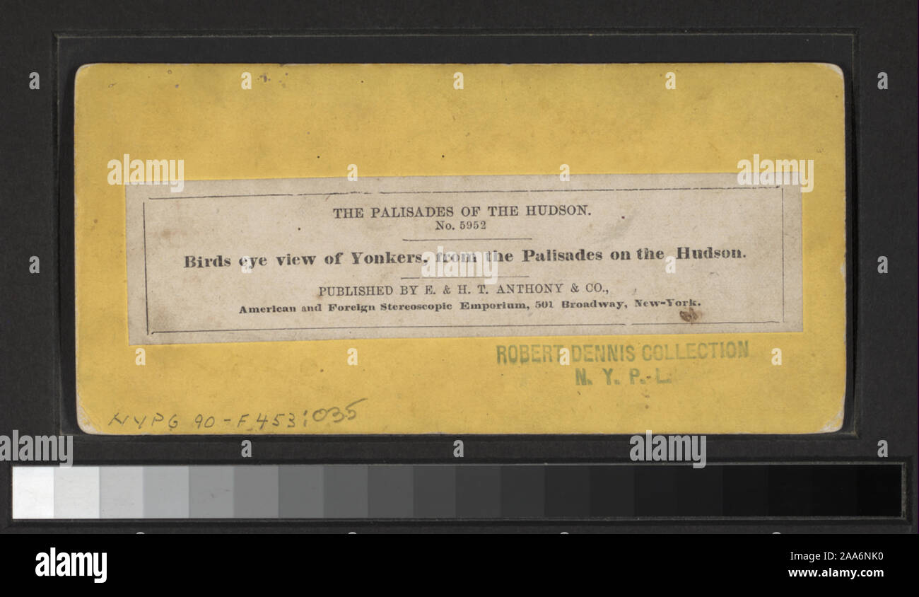 Blick von E.&HT Anthony, G.G. Rockwood, H.S. Wyer und andere Fotografen und Verlage. Outdoor Porträts. Robert Dennis Sammlung von stereoskopische Ansichten. Blick auf die Palisaden in dem westlichen Ufer des Hudson River in New York und New Jersey, mit Blick auf die Felsen, Fluss und Verkehr, Touristen, eine Fernsicht von Yonkers aus der Palisaden und Picknicken am Ft. Lee.; aus der Vogelperspektive Yonkers, vom Palisades am Hudson. Stockfoto