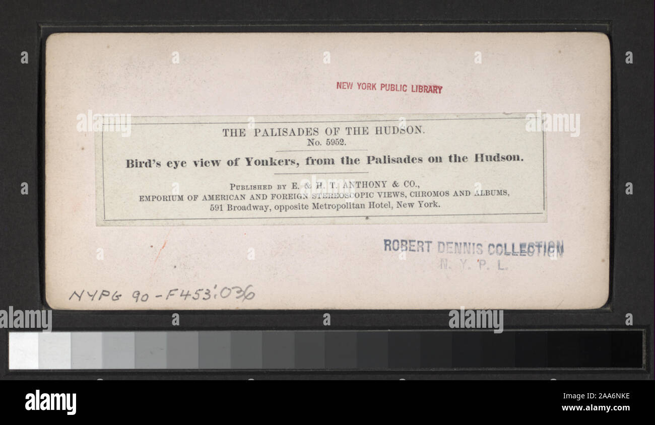 Blick von E.&HT Anthony, G.G. Rockwood, H.S. Wyer und andere Fotografen und Verlage. Outdoor Porträts. Robert Dennis Sammlung von stereoskopische Ansichten. Blick auf die Palisaden in dem westlichen Ufer des Hudson River in New York und New Jersey, mit Blick auf die Felsen, Fluss und Verkehr, Touristen, eine Fernsicht von Yonkers aus der Palisaden und Picknicken am Ft. Lee.; aus der Vogelperspektive Yonkers, vom Palisades am Hudson. Stockfoto