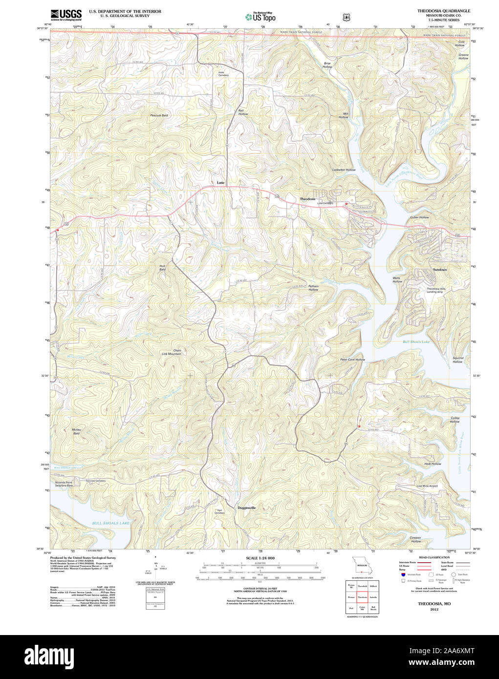 USGS TOPO Karte Missouri MO Gassville 20120127 TM Wiederherstellung Stockfoto