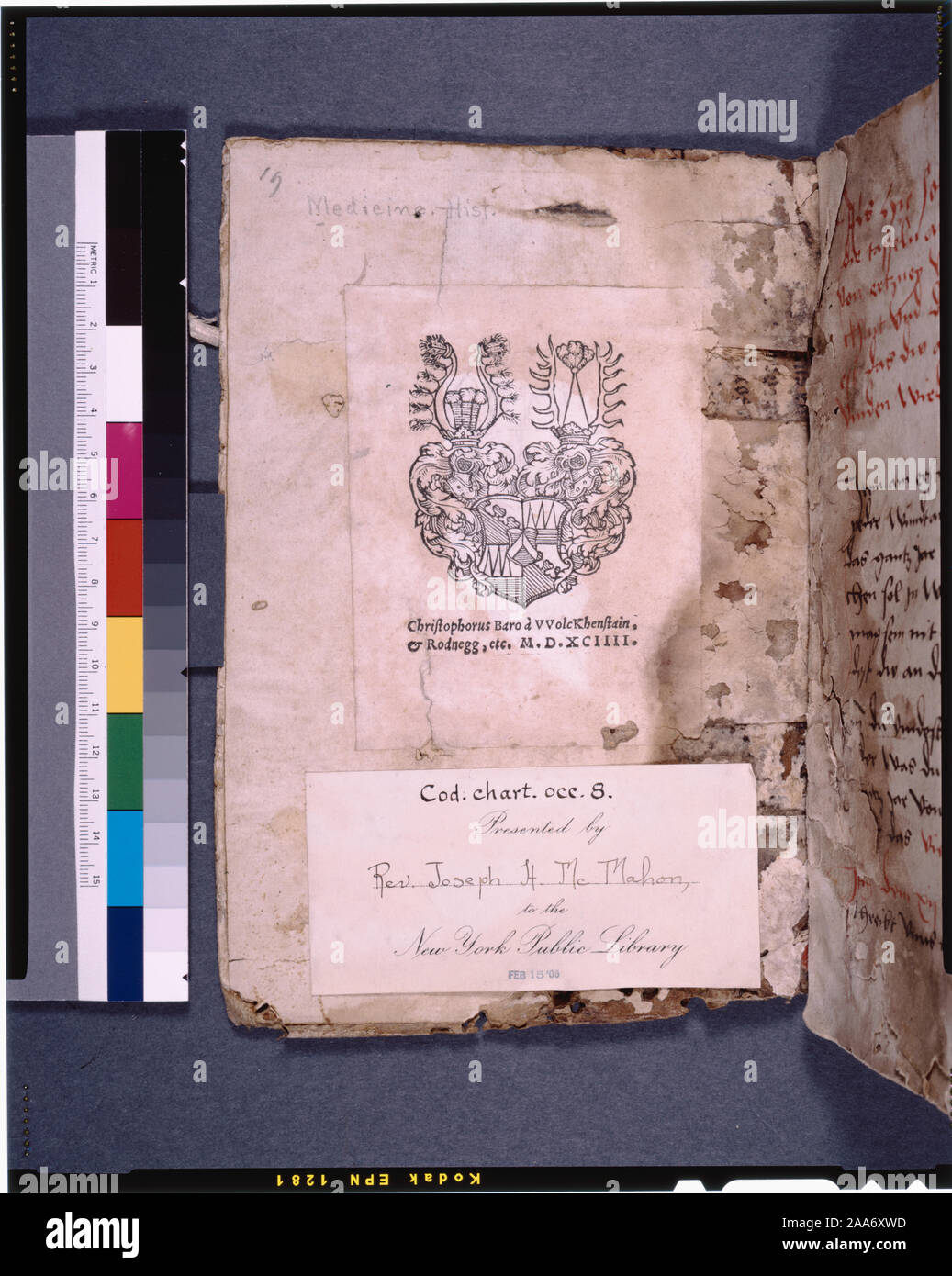 In de Ricci, Seymour, Volkszählung Handschriften des Mittelalters und der Renaissance in den Vereinigten Staaten und Kanada aufgeführt. New York. New York: H.W. Wilson, 1935; und Ergänzen, New York, N.Y.: Bibliographische Gesellschaft von Amerika, 1962. Ownership: Besessen (1594) von Christophorus Baro ein Wockenstain. 1905 von Pfr. Joseph H. McMahon gegeben. 1 Schreiber. 18-22 lange Linien, an einigen Orten in roter Stift 2 ausgeschlossen?: A, ff 1-115; B, ff 115 V-116 36 Zeilen 2 Spalten eine dicke schwarze Substanz einige der Text in der rechten Spalte verbirgt. De Ricci und Gast Datum dieses Manuskript zu C. 1500; Hinweis in das Manuskript bei Staaten Stockfoto