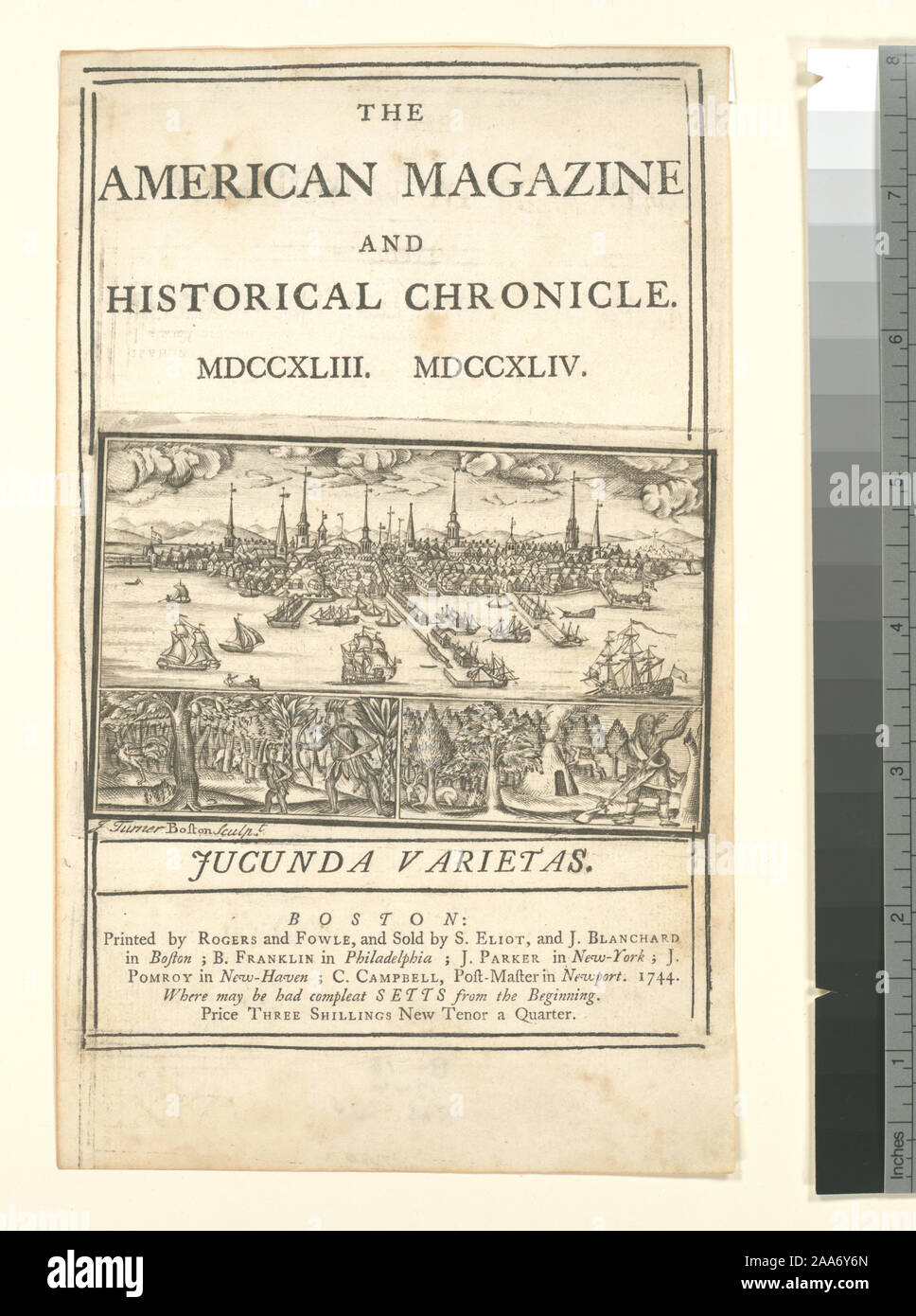 Stokes 1744 - B-16 vom amerikanischen Magazin und Historische Chronik, Boston, 1743-1744. Wahrscheinlich nach dem Vorbild William Burgis Drucken höchstwahrscheinlich nach Panorama von William Burgis modelliert. Siehe Deak 80. Dek094; Boston. Stockfoto