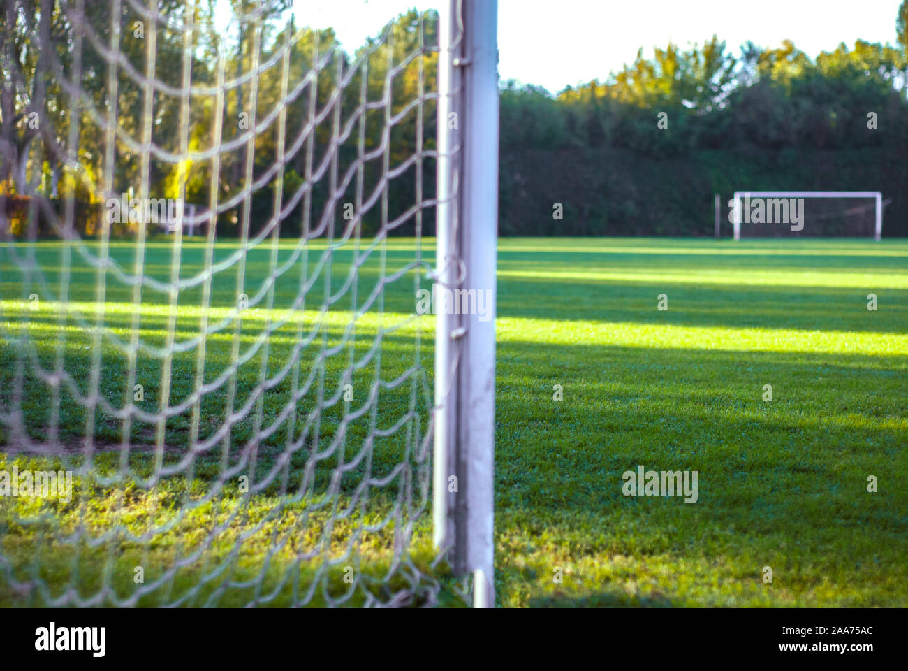 Fußball-Feld und die hellen Lichter Stockfoto