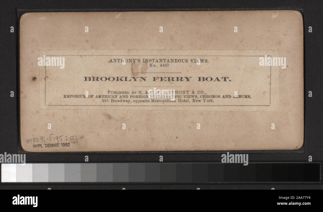 Mit einer Hand - farbige Anzeigen. Robert Dennis Sammlung von stereoskopische Ansichten. Einige Ansichten haben steuerstempel angebracht. Titel von Cataloger'. Blick auf den Hafen von New York: Fähren, Segelschiffe, Piers und Kaianlagen, Dampfschiffe, einschließlich der Vorsehung und mit Blick auf den Innenbereich, schwebenden Getreidesilos, Lastkähne, Werften, Männer aus dem französischen Mann-von-Krieg Landung in einem dory an der Batterie, die US Barge Office und den Versand news Büro des New York Herald, der Fuß der Whitehall Street, Soldaten auf einen italienischen Mann-von-Krieg mit Bajonetten, Fort Lafayette, Governors Island.; Brooklyn Fähre. Stockfoto