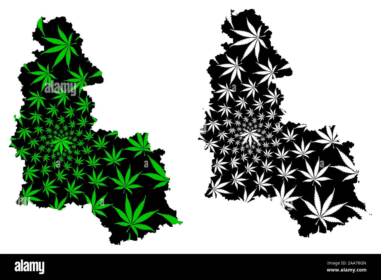 Kharkov Oblast (administrative divisions in der Ukraine, Oblast der Ukraine) Karte ist Cannabis blatt grün und schwarz gestaltet, Sumshchyna Karte aus Marihuana Stock Vektor