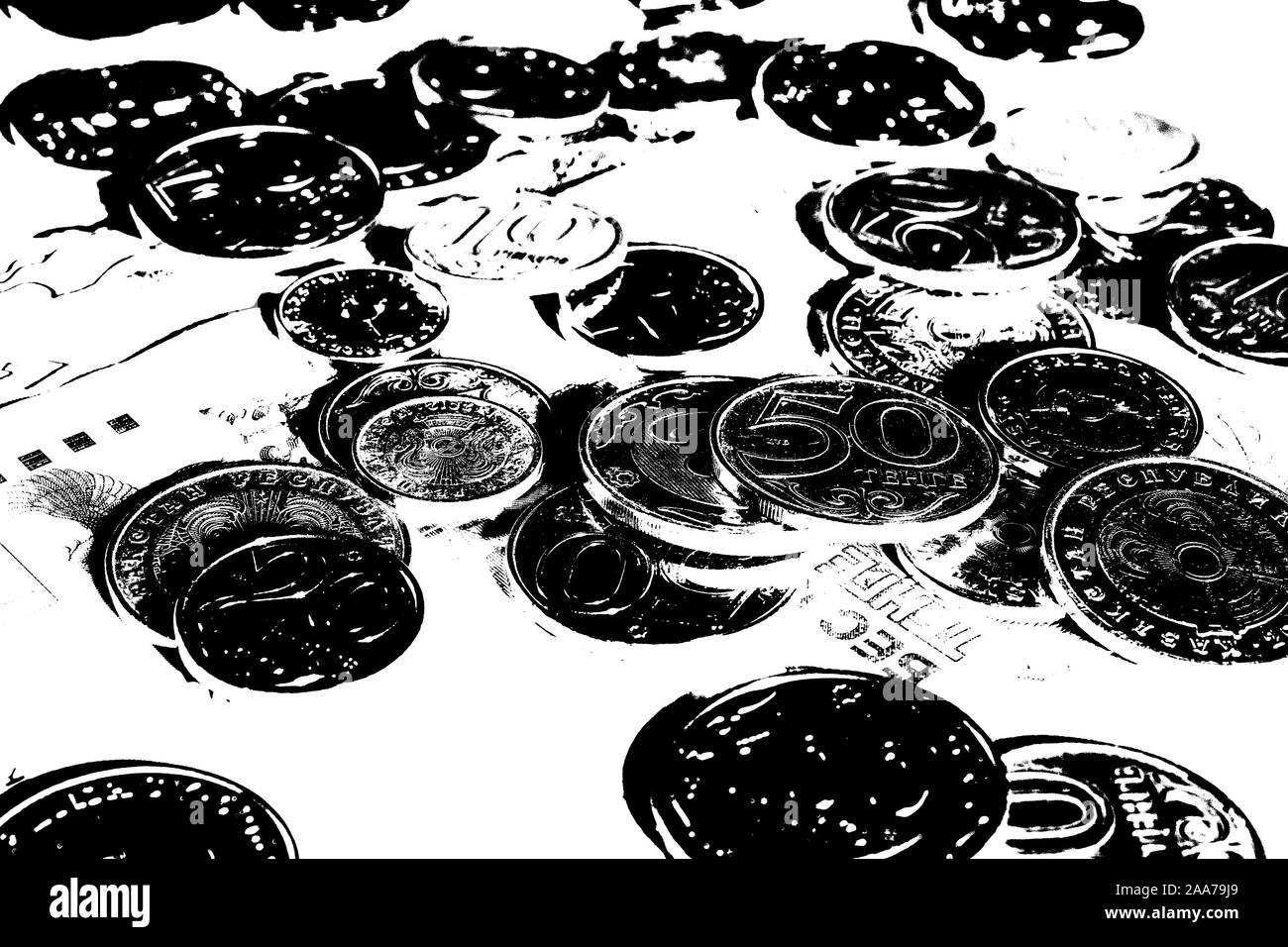 Tenge auf blauem Hintergrund mit Münzen. Tenge Banknoten. Münzen von Kasachstan Tenge Stockfoto