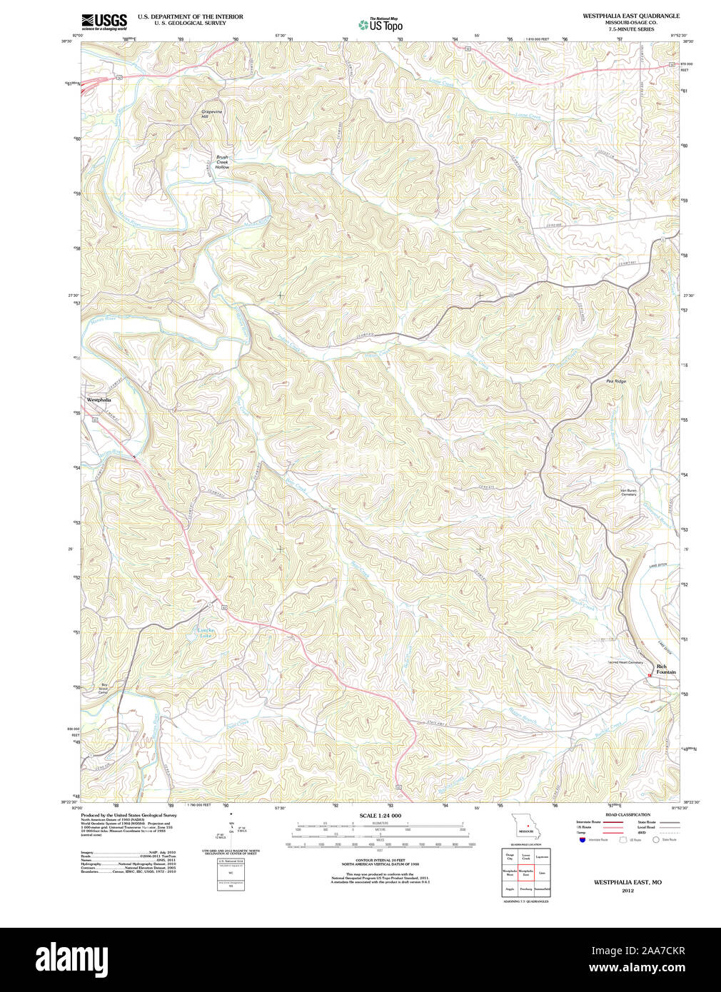 USGS TOPO Karte Missouri MO Westfalen Ost 20120117 TM Wiederherstellung Stockfoto