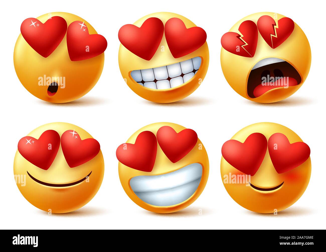 Smileys emoticons oder emojis Gesicht mit Herz Auge Vektor einrichten. Smileys emoji von roten Herzen in Liebe, gebrochen, selig, fröhlich und lustig für die Liebe. Stock Vektor