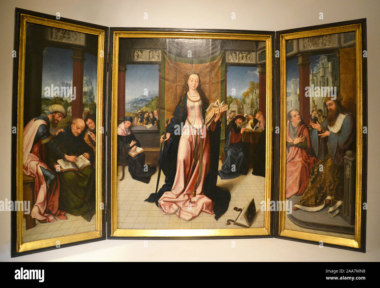 Der hl. Katharina und die Philosophen, von Gossen van der Weyden an der Southampton City Art Gallery, Southampton, Hampshire, UK. 15./16. Jahrhundert. Stockfoto