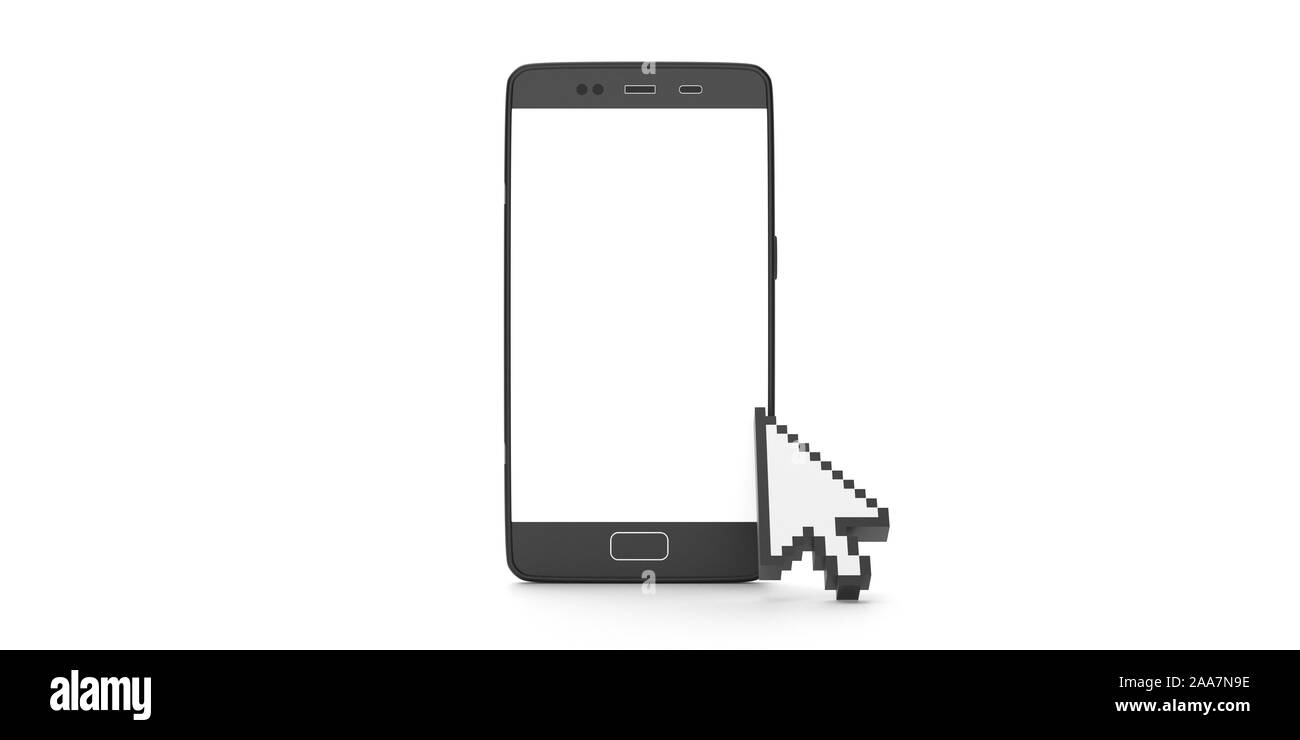 Computer Mauszeiger auf ein Mobiltelefon, vor weißem Hintergrund. Pixel Pfeilspitze Form Mauszeiger. 3D-Darstellung Stockfoto