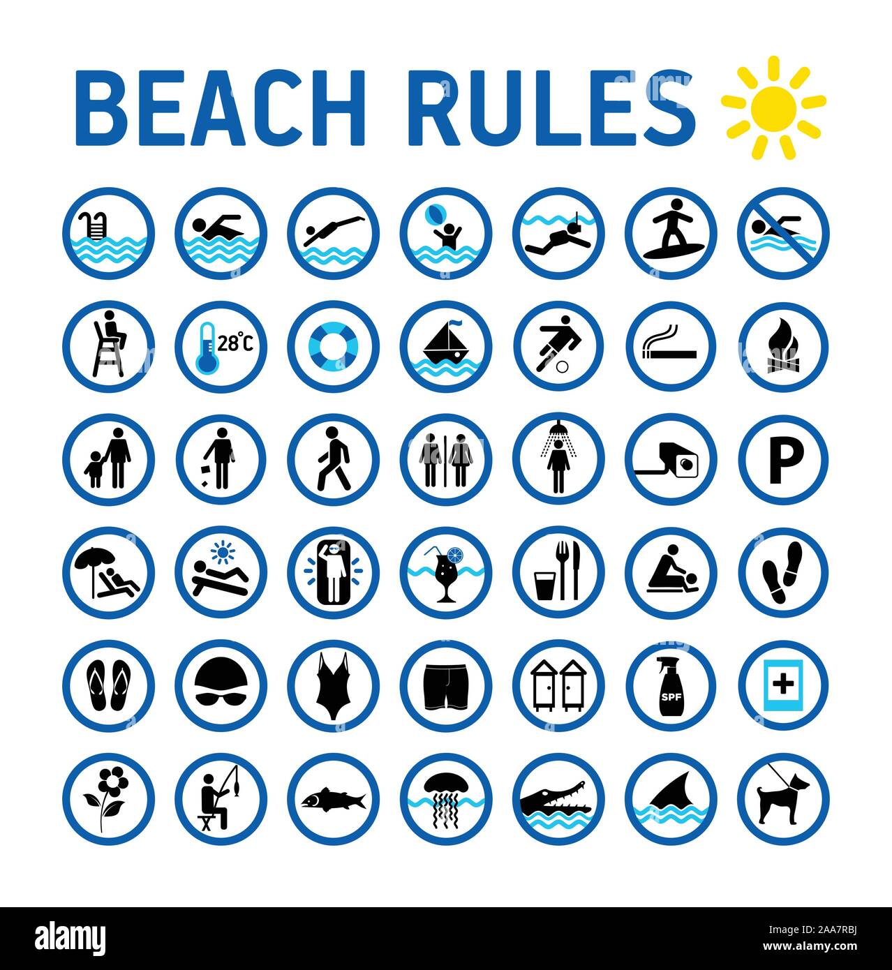 Strand regeln Symbole und Sighns auf Weiß mit desihn im Kreise Stock