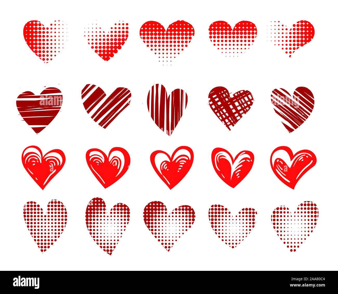 Eingestellt von roten Herzen Emblem gezeichnet in verschiedenen Stilen isoliert auf Weiss. Vector Illustration. Stock Vektor