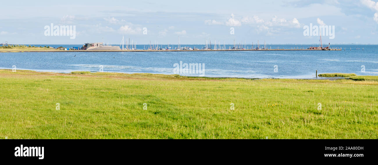 Wattenmeer Küste mit Sümpfen und Hafen auf der westfriesischen Insel Schiermonnikoog, Niederlande Stockfoto