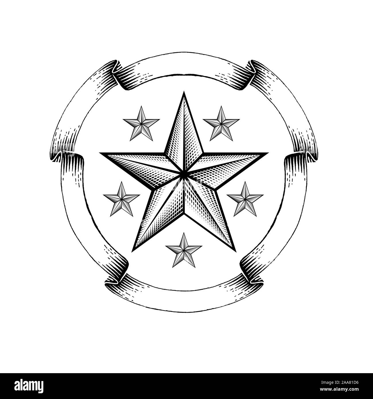 Gravur Stern in der Mitte der Runde ribbon Rahmen isoliert auf Weiss. Vintage Style für Print- oder Design Stock Vektor