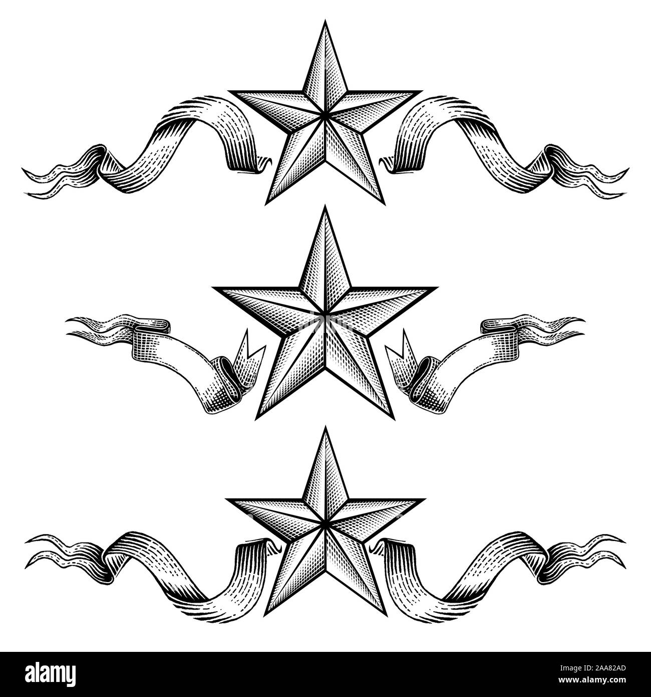 Drei verschiedene Banner mit Stern in der Mitte der Bänder isoliert auf Weiss. Vintage Gravur Stil für Print- oder Design Stock Vektor