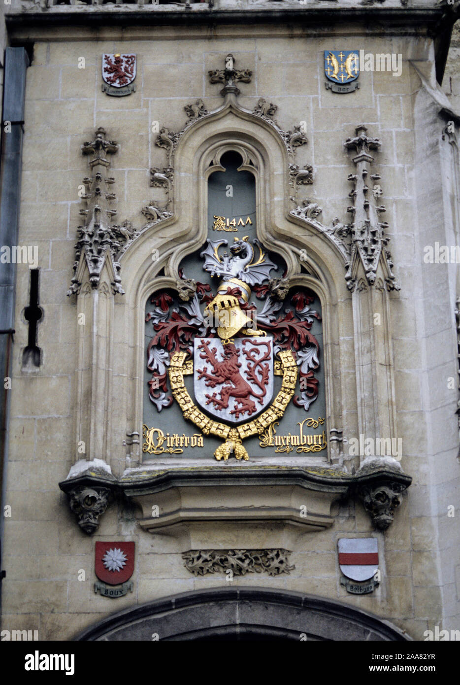Wappen an einem Gebäude in Brügge Belgien Stockfoto
