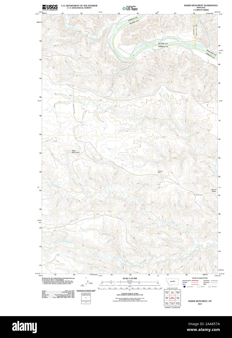 USGS TOPO Karte Montana MT Baker Denkmal 20110607 TM Wiederherstellung Stockfoto