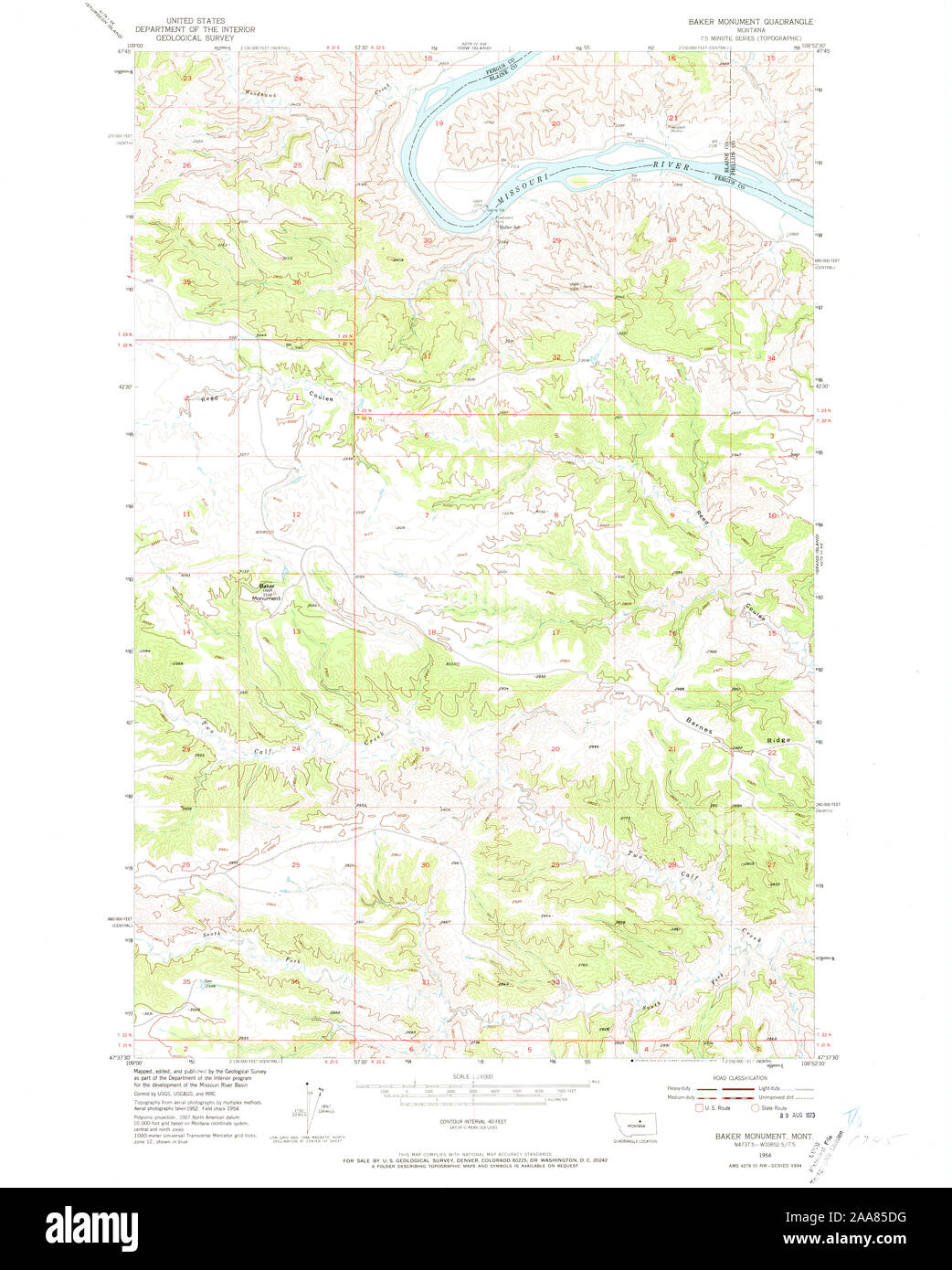 USGS TOPO Karte Montana MT Baker Denkmal 1954 24000 262233 Restaurierung Stockfoto
