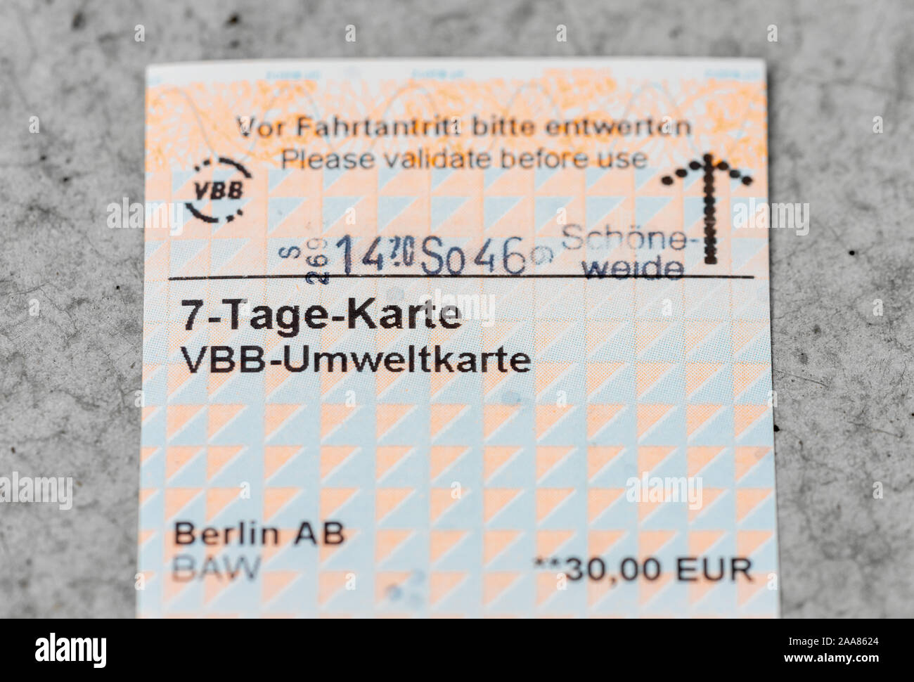 7 Tage Karte VBB-Umweltkarte - Deutsch 7 Tag ticket Berlin Ticket für die öffentlichen Verkehrsmittel Stockfoto