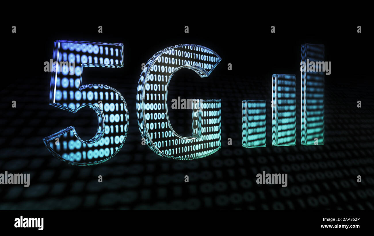 3D-Darstellung mit Glasigen 5G-Schriftzug und einem Handy Signal Graph und dunklen binäre Daten Hintergrund Stockfoto