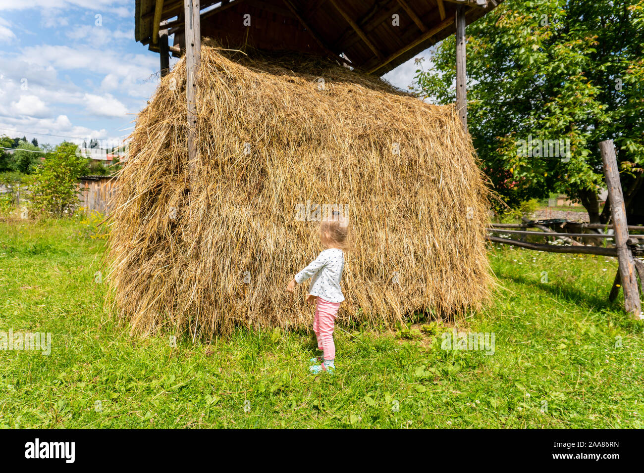 Kind, Mädchen in der Nähe von Heuhaufen auf der Farm Stockfoto