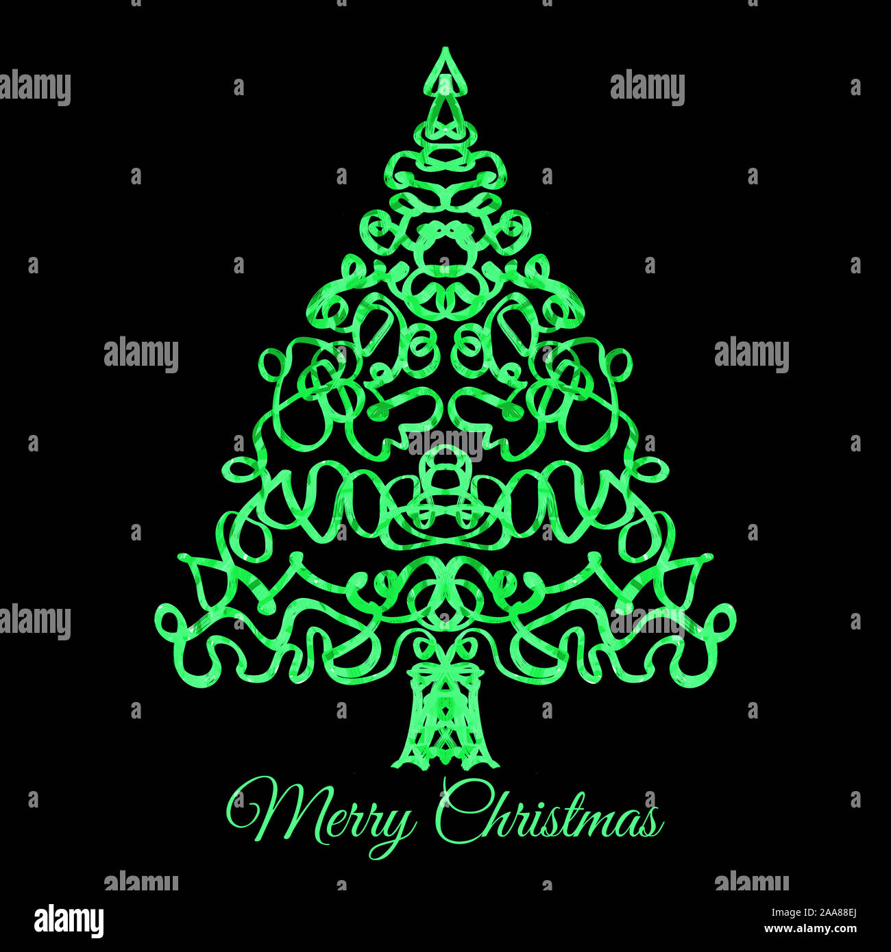 Eine reich verzierte Weihnachtsbaum mit Text frohe Weihnachten. Stockfoto