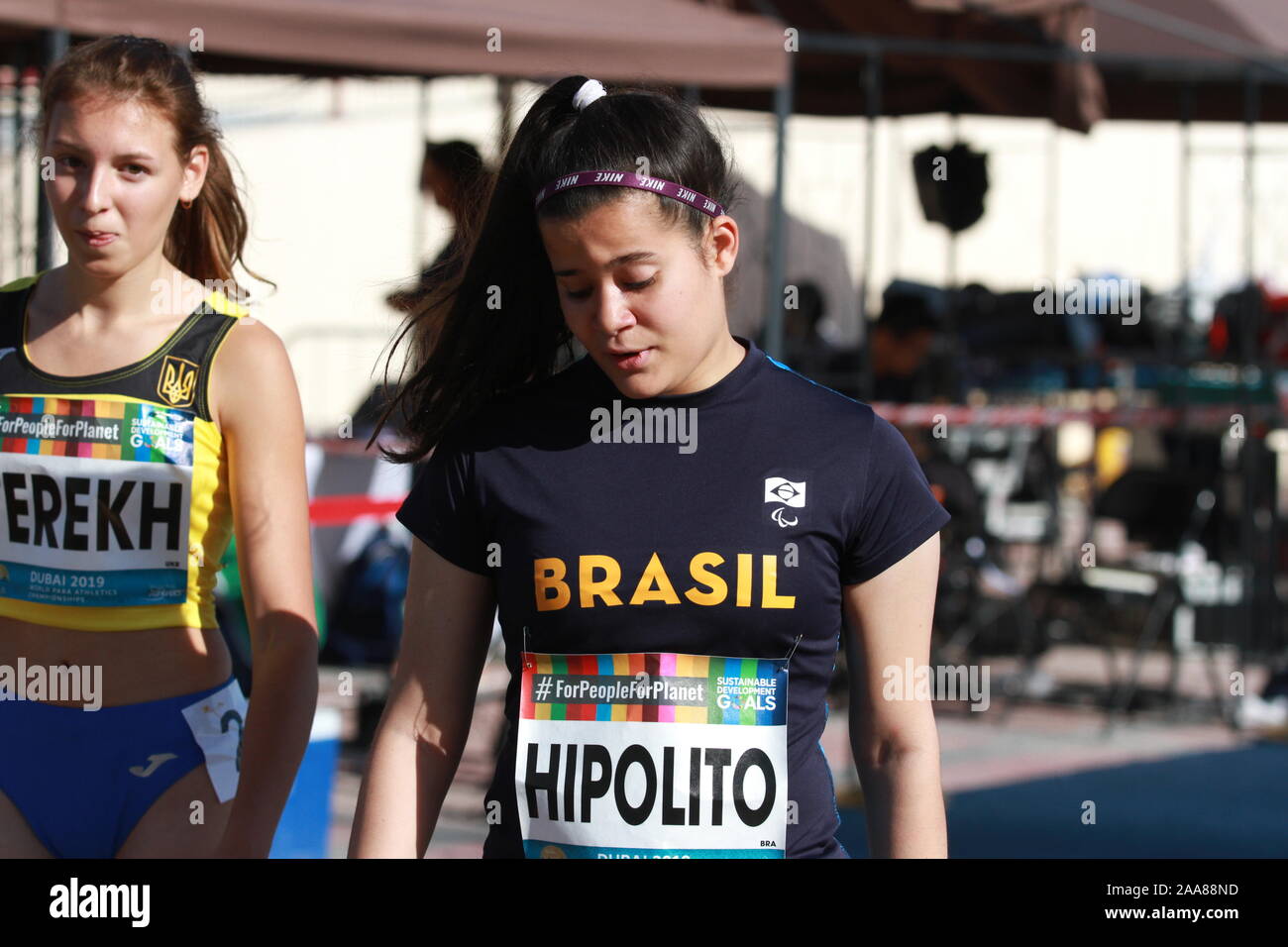 Veronica Hipolito nach dem T37 100m jAt die WPA Leichtathletik WM in Dubai, Vereinigte Arabische Emirate CREDIT: BEN STAND Stockfoto