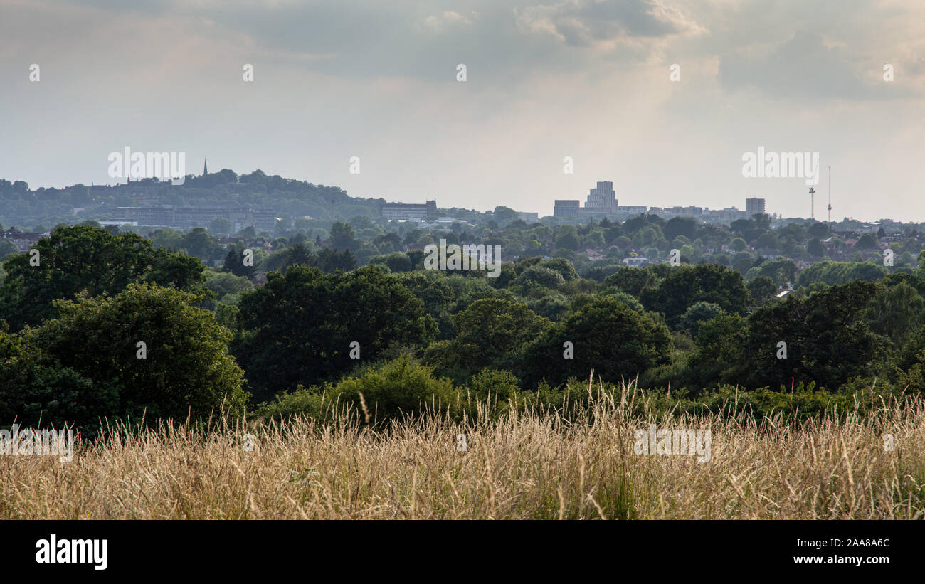 Das stadtbild von Harrow und Harrow-on-the-Hill werden vor Fryent Country Park im Norden von London. Stockfoto