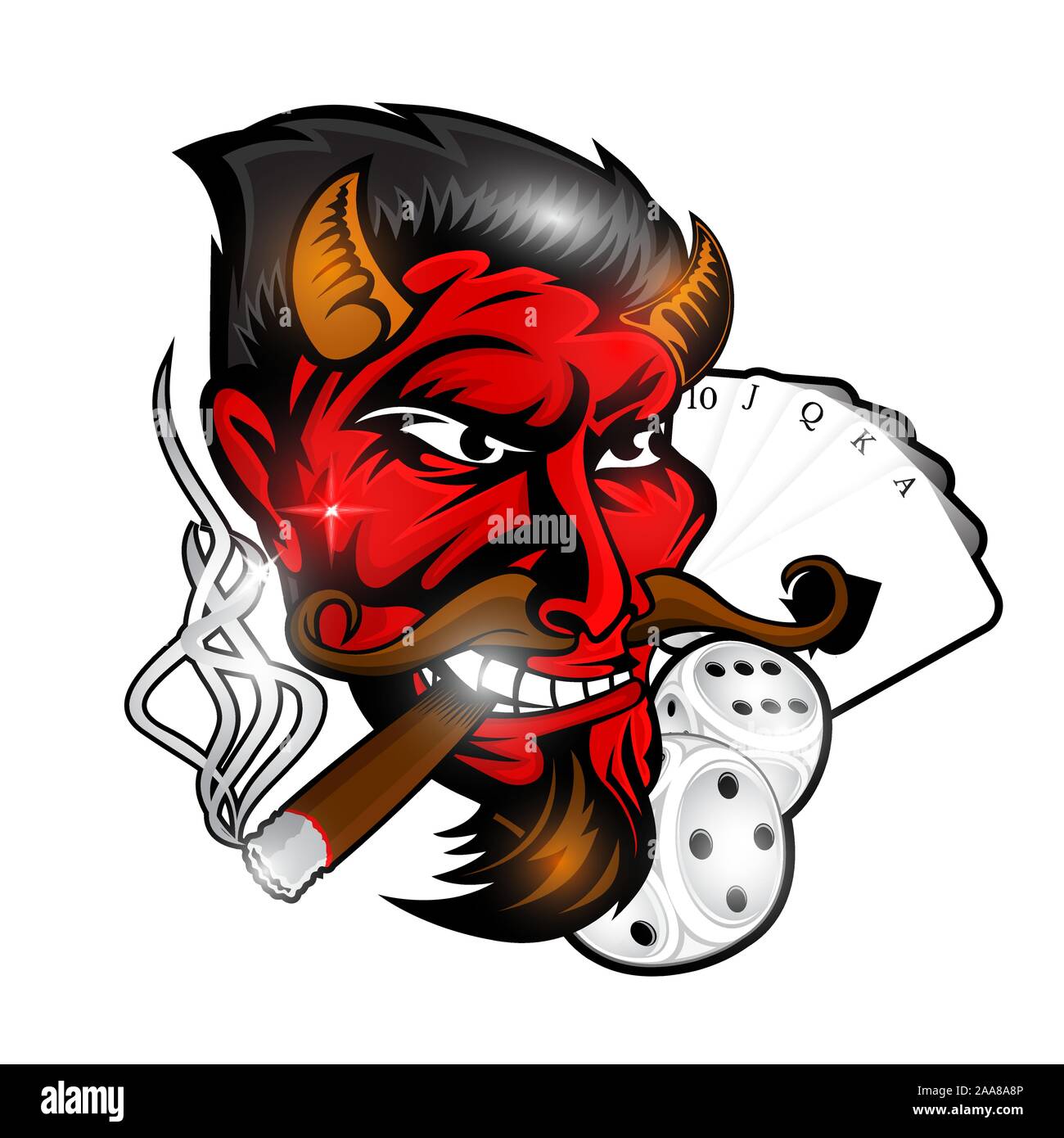 Kopf des Rauchens red devil mit Würfeln und Karten. Etikett oder Logo für Rockabilly, Tätowierung oder sport team Stock Vektor