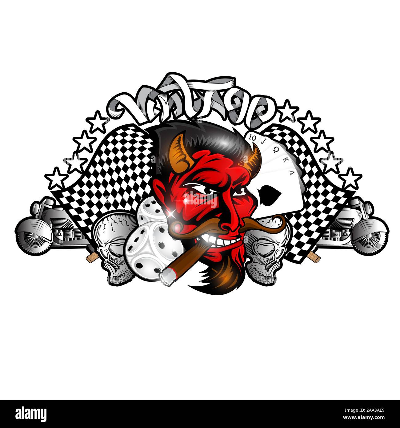 Kopf des Rauchens red devil zwischen Würfel, Karte Motorrad und Schädel. Etikett oder Logo für Rockabilly, Tätowierung oder sport team Stock Vektor