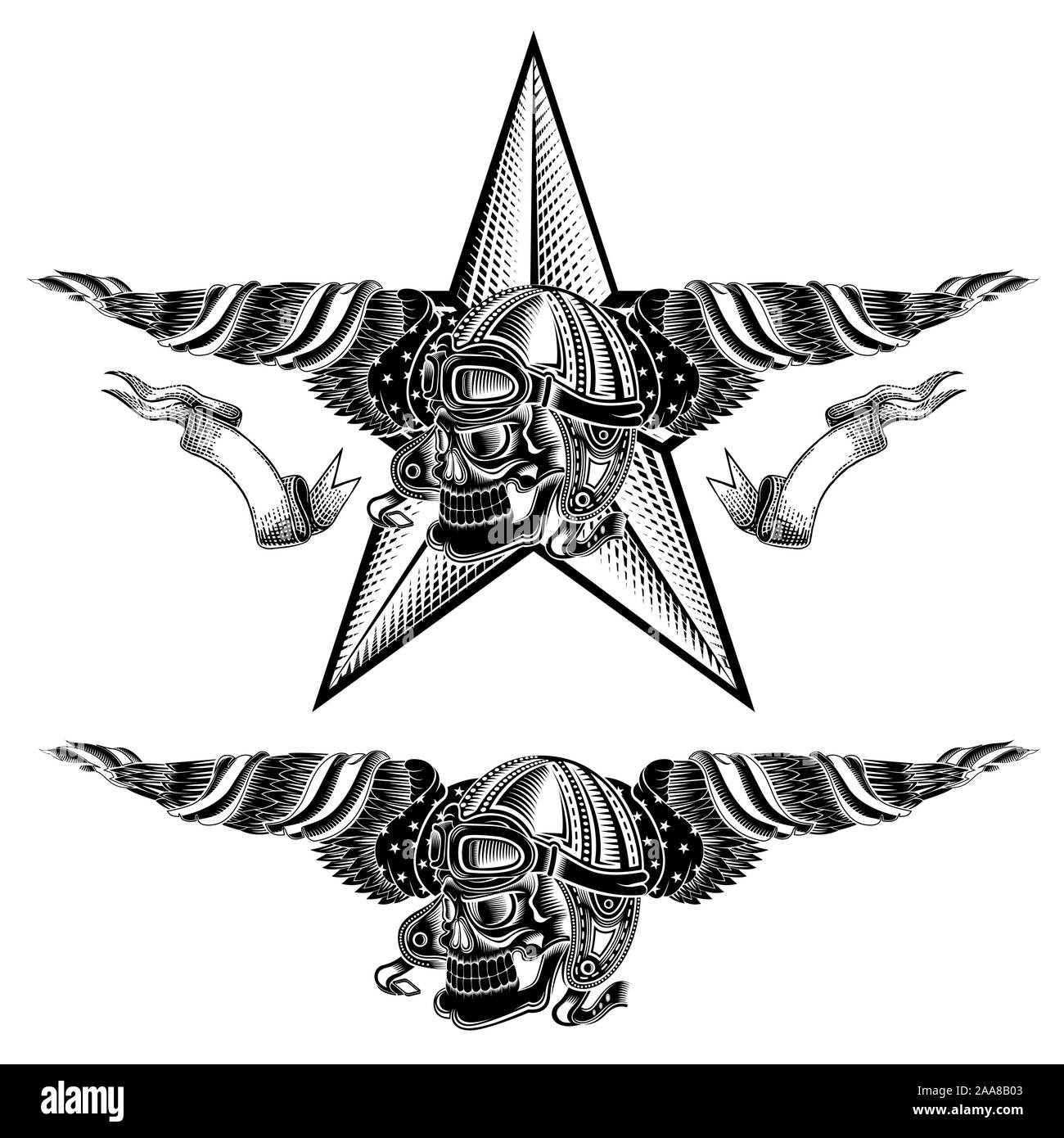 Monochrome Darstellung des Schädels mit Stern und Oldtimer Motorrad oder Aviator hat zwischen Flügel mit USA-Flagge isoliert auf weißem Stock Vektor