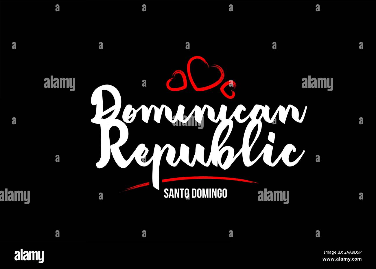 Dominikanische Republik Land auf schwarzem Hintergrund mit roten Liebe Herz und seine Hauptstadt Santo Domingo kreativ Typografie text Logo Design Stock Vektor