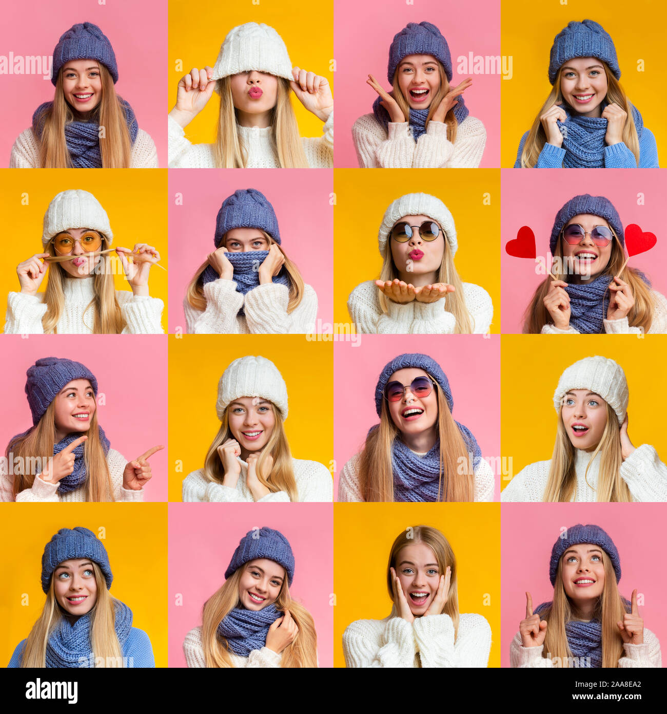 Collage von jungen Winter Frau Ausdrücke und Gefühle Stockfoto