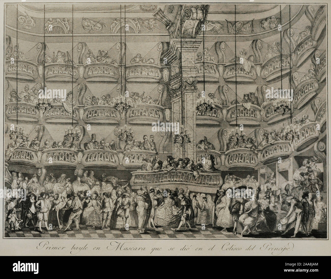 Geschichte von Spanien. Maskenball im Coliseo del Principe, ca. 1771-1802. Von Juan Antonio Salvador Carmona (1740-1805). Ätzen und Gravur auf Papier. History Museum. Madrid. Spanien. Stockfoto