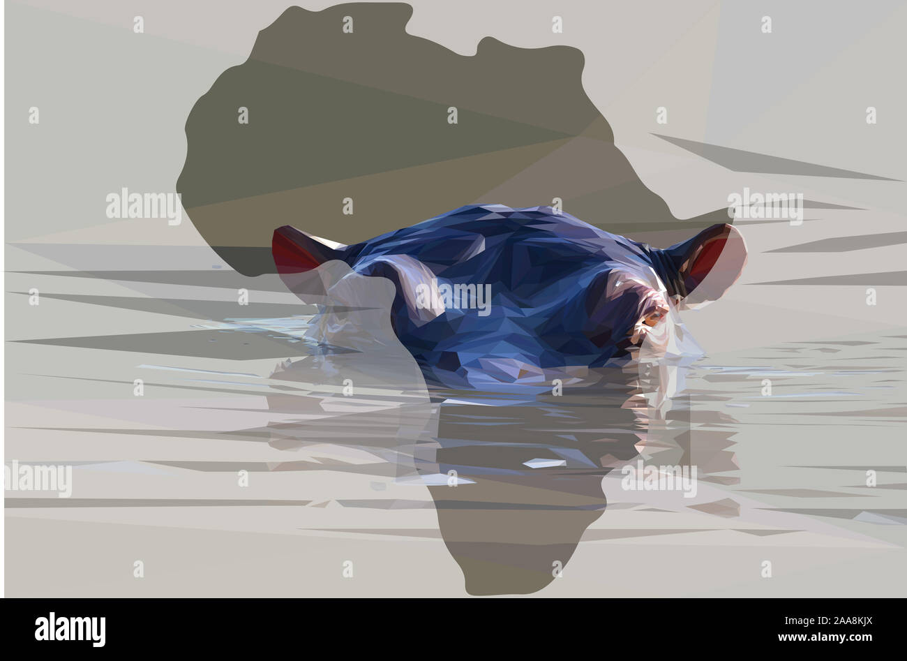 Low Poly Abbildung eines Afrikanischen Hippo unter Wasser in der Form von Afrika Stockfoto