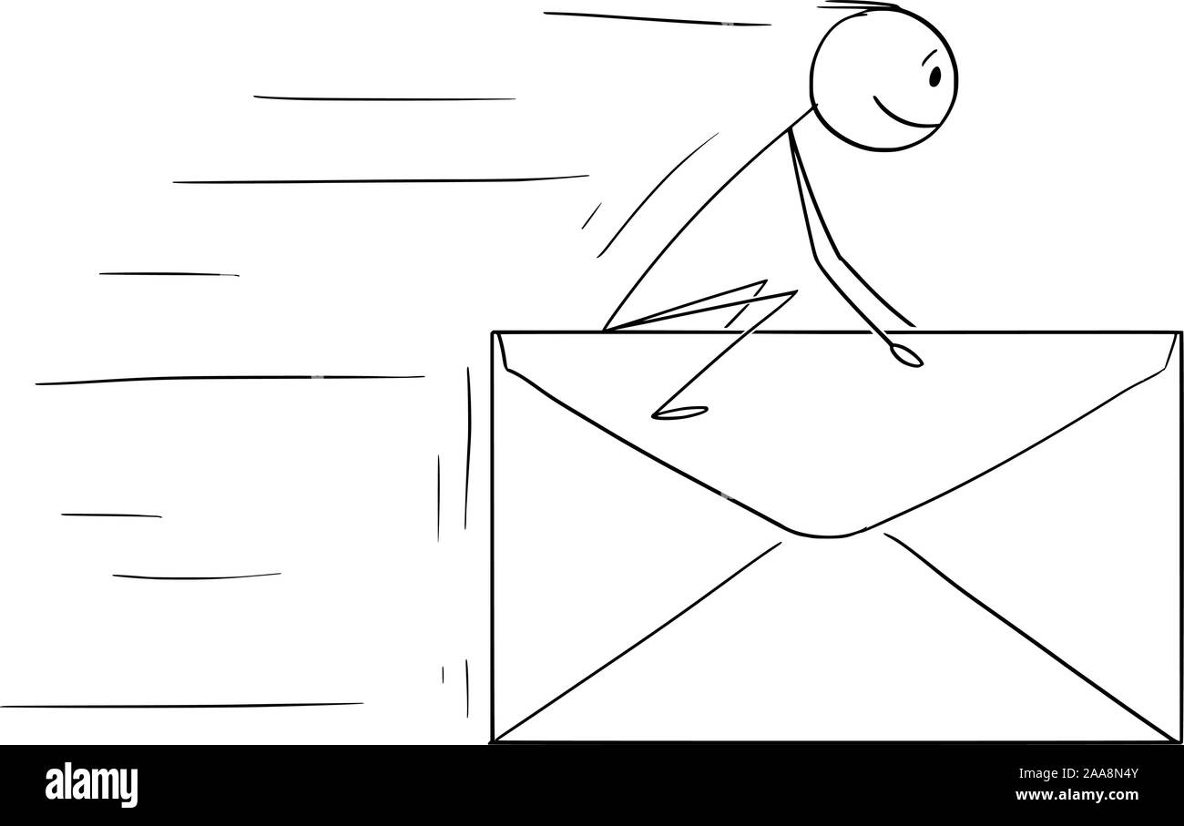 Vektor cartoon Strichmännchen Zeichnen konzeptionelle Darstellung der Mann oder Geschäftsmann sitzen und Reiten od Big schnell fliegenden Brief, mail oder Umschlag. Kommunikationskonzept. Stock Vektor