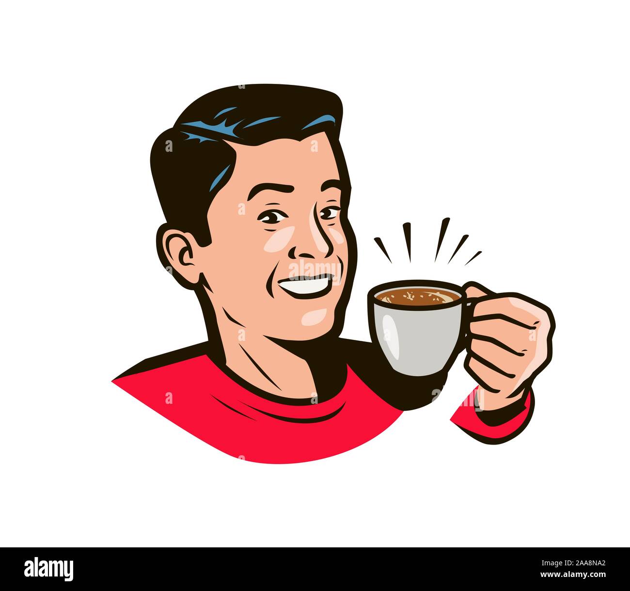 Glücklicher Mann mit einer Tasse Kaffee in der Hand. Getränke im Pop-Art-Stil. Vektorgrafik Stock Vektor
