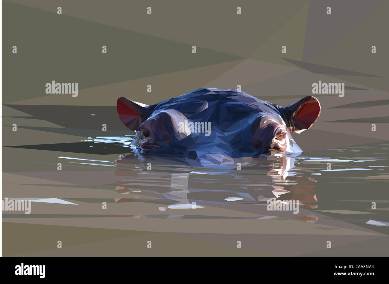 Low Poly Abbildung eines Afrikanischen Hippo in Wasser getaucht Stockfoto