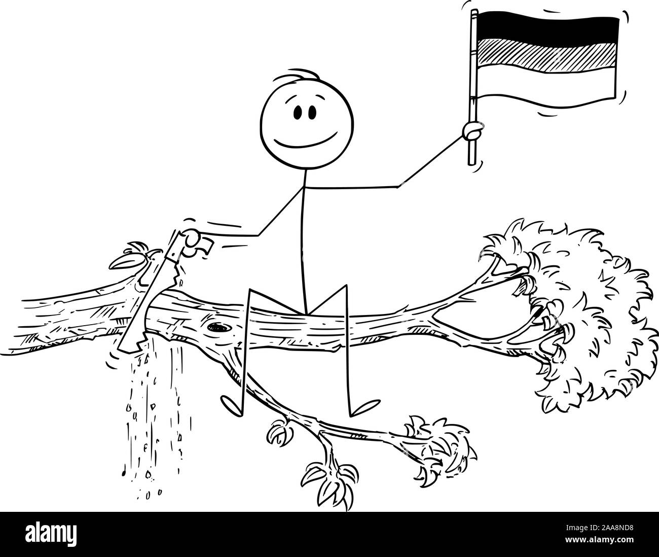 Vektor cartoon Strichmännchen Zeichnen konzeptionelle Darstellung der Mann mit der Flagge der Bundesrepublik Deutschland, und Schneiden mit sah den Ast ab, auf dem er sitzt. Stock Vektor