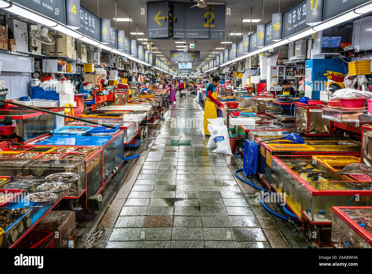 Busan, Korea, 2. Oktober 2019: Jagalchi Fischmarkt Gasse sehen Menschen in Busan, Südkorea Stockfoto